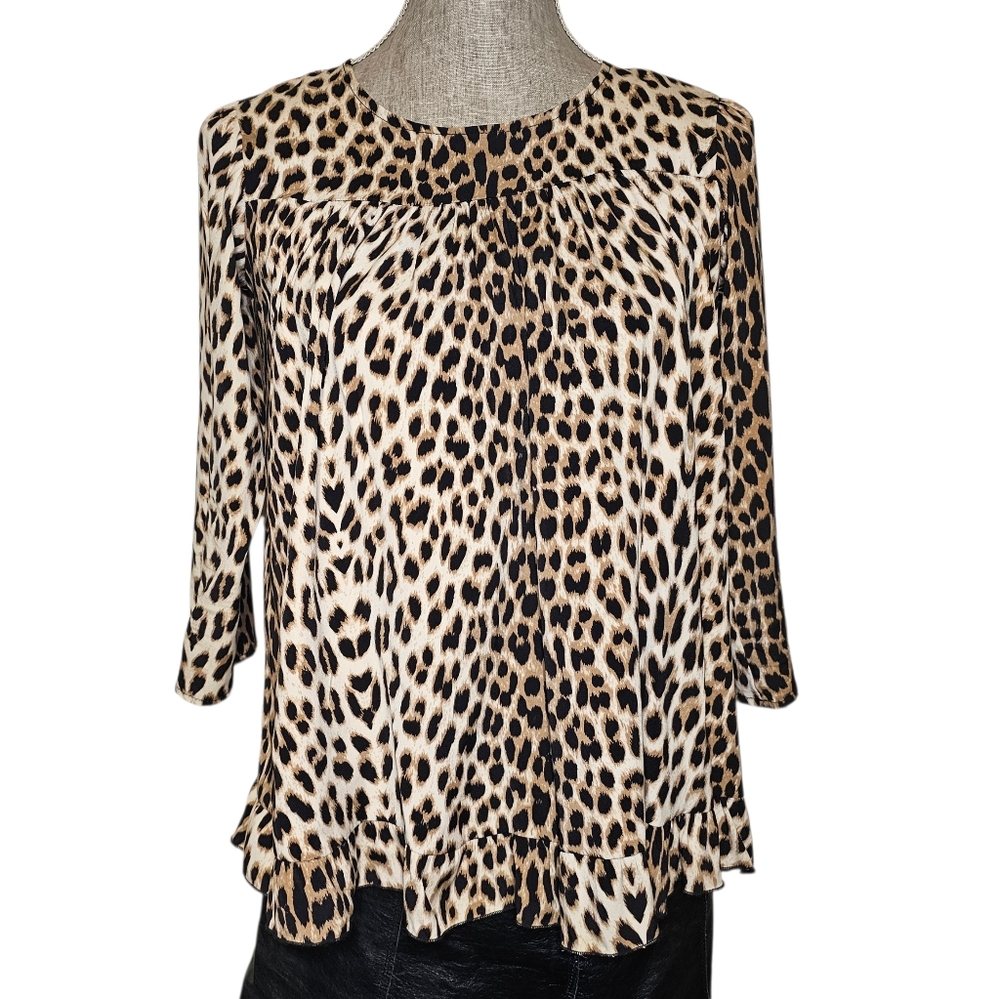 Alisha Levine 100% Silk Top Leopard Print Size XS Mob Wife Y2K Peplum Ruffle